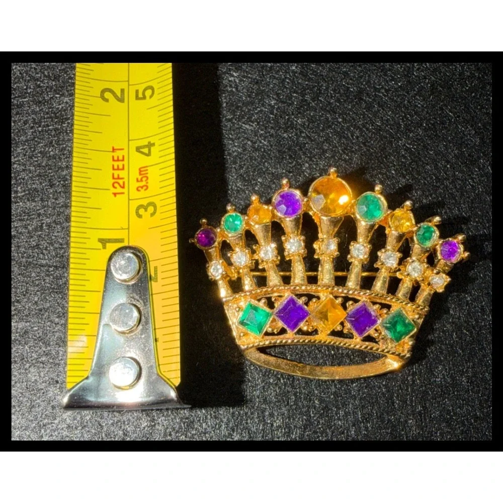 Crown Brooch Pin Gold Multi-Color Rhinestone Mardi Gras Regal